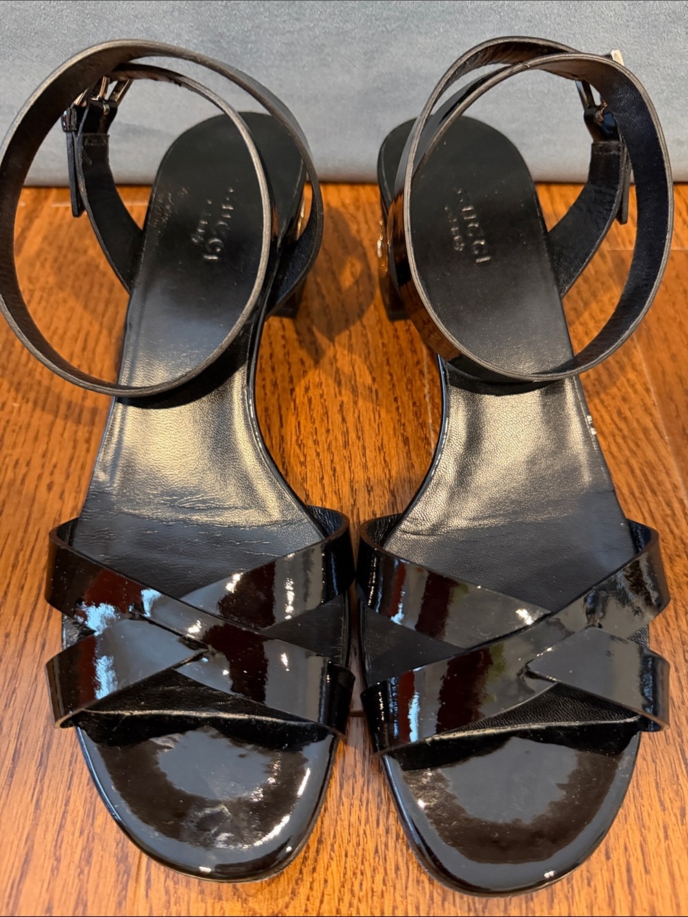 Gucci Black Patent Leather Cross-Strap Sandals with Ankle Strap